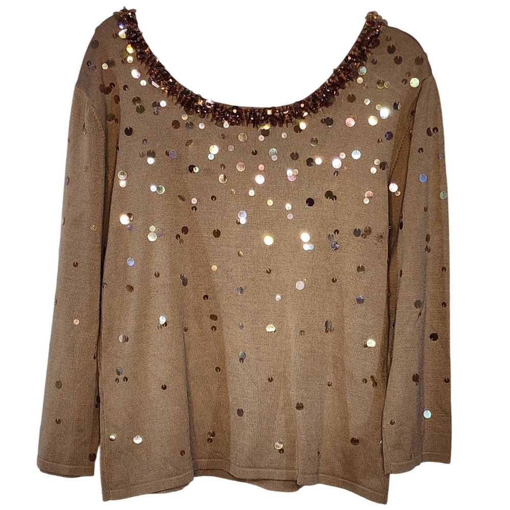 Talbots Petites‎ Sequin Embellished Knit Top Brown Crew Neck Long Sleeve LP EUC